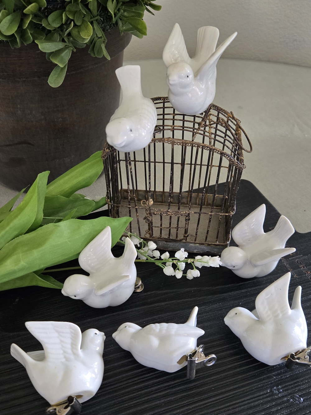 Vintage Set Of White Ceramic Birds With Clips - Set of 7 (2 Poses)